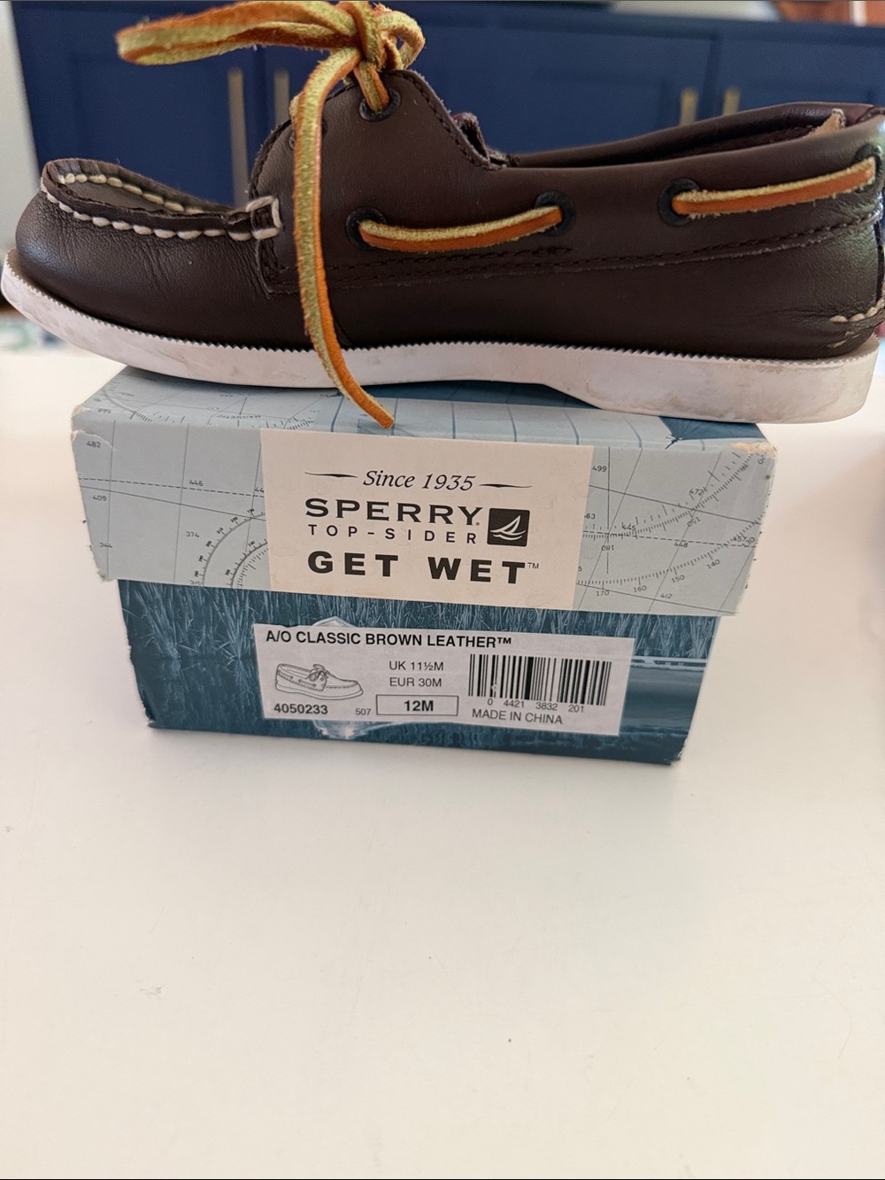 Sperry Brown Leather Kids Boat Shoe with Yellow-Tan Laces